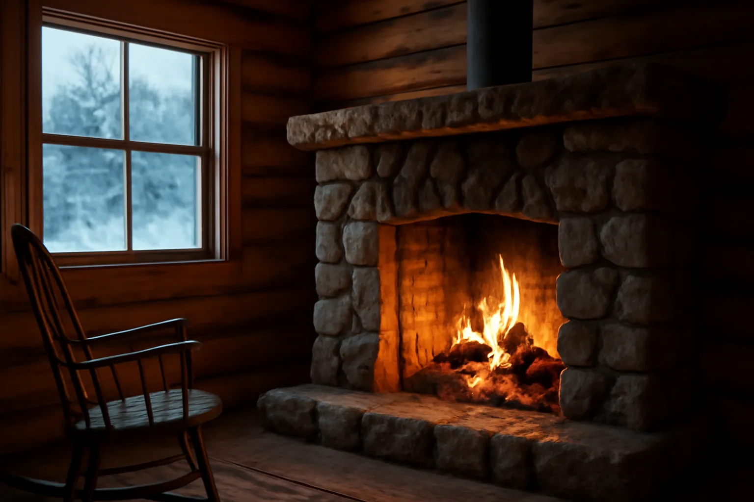 Stone fireplace with exposed chimney liner in an Alaska log home in winter