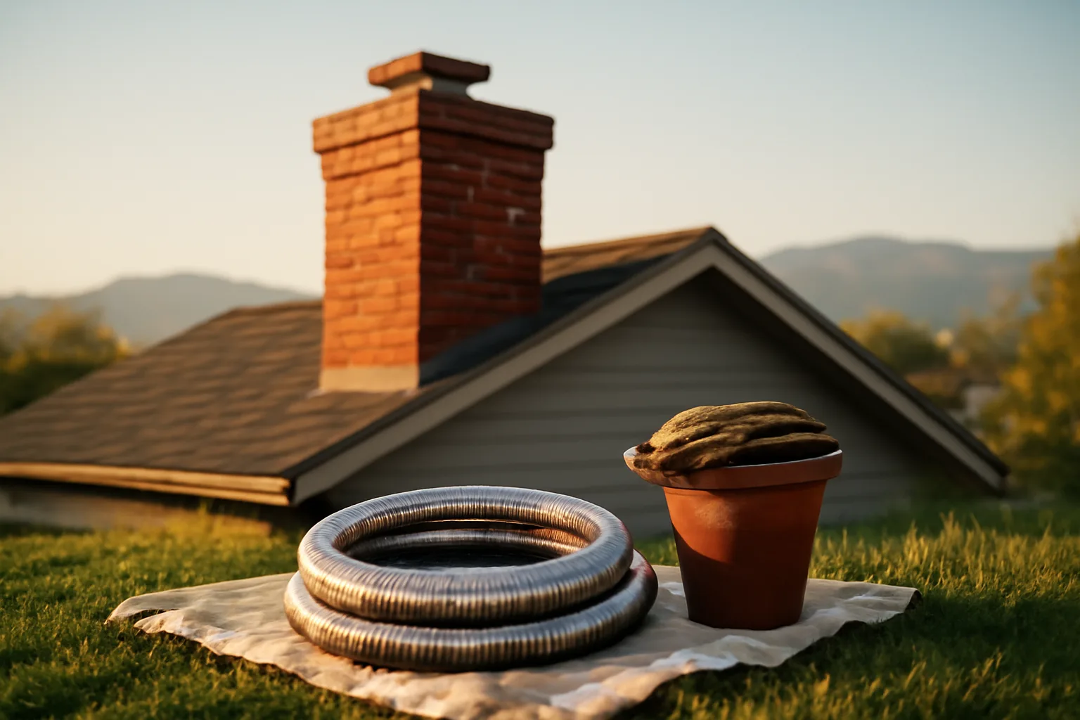 Stainless chimney liner coil beside a brick Denver bungalow chimney