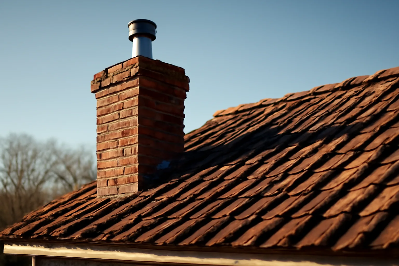 Stainless steel chimney liner installed on brick chimney of Alabama farmhouse roof