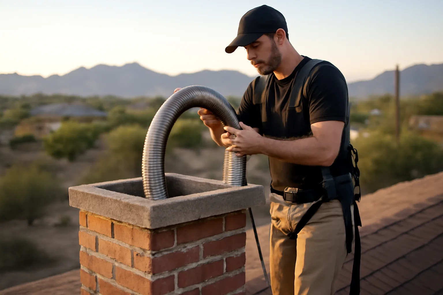 Chimney technician installing a stainless steel liner into an Arizona home chimney