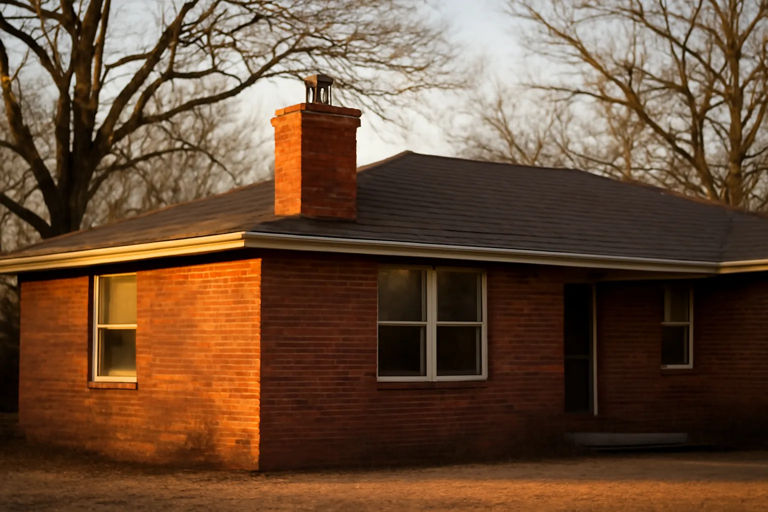Arkansas ranch brick chimney with stainless liner cap in afternoon light