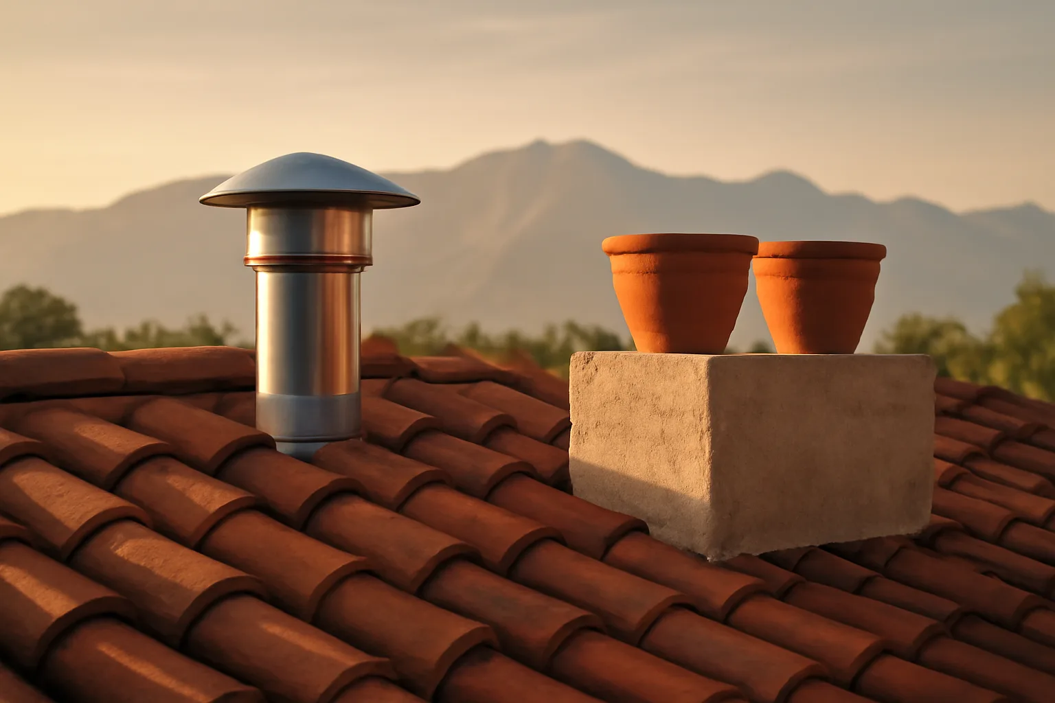 Stainless chimney cap on a Pasadena stucco house in late sun
