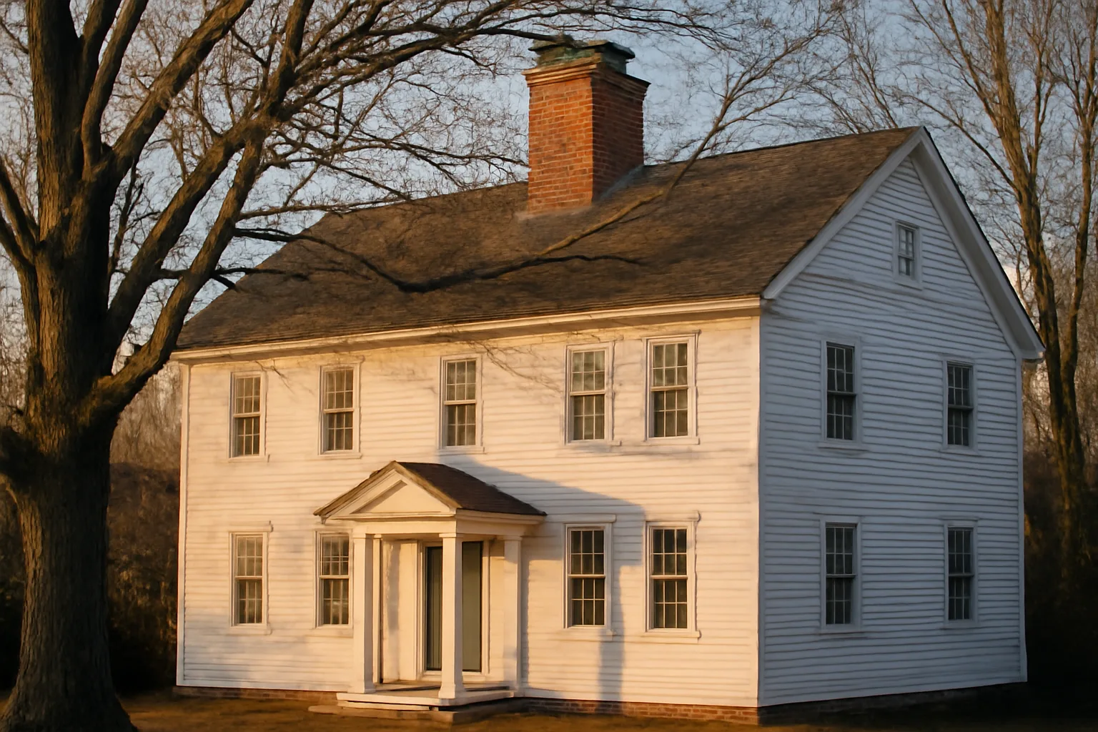 Brick Connecticut house chimney with metal liner cap in winter light