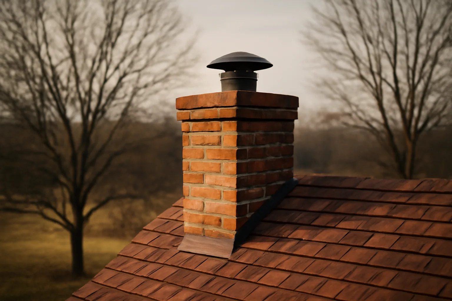 Brick chimney in Delaware with stainless liner cap in winter