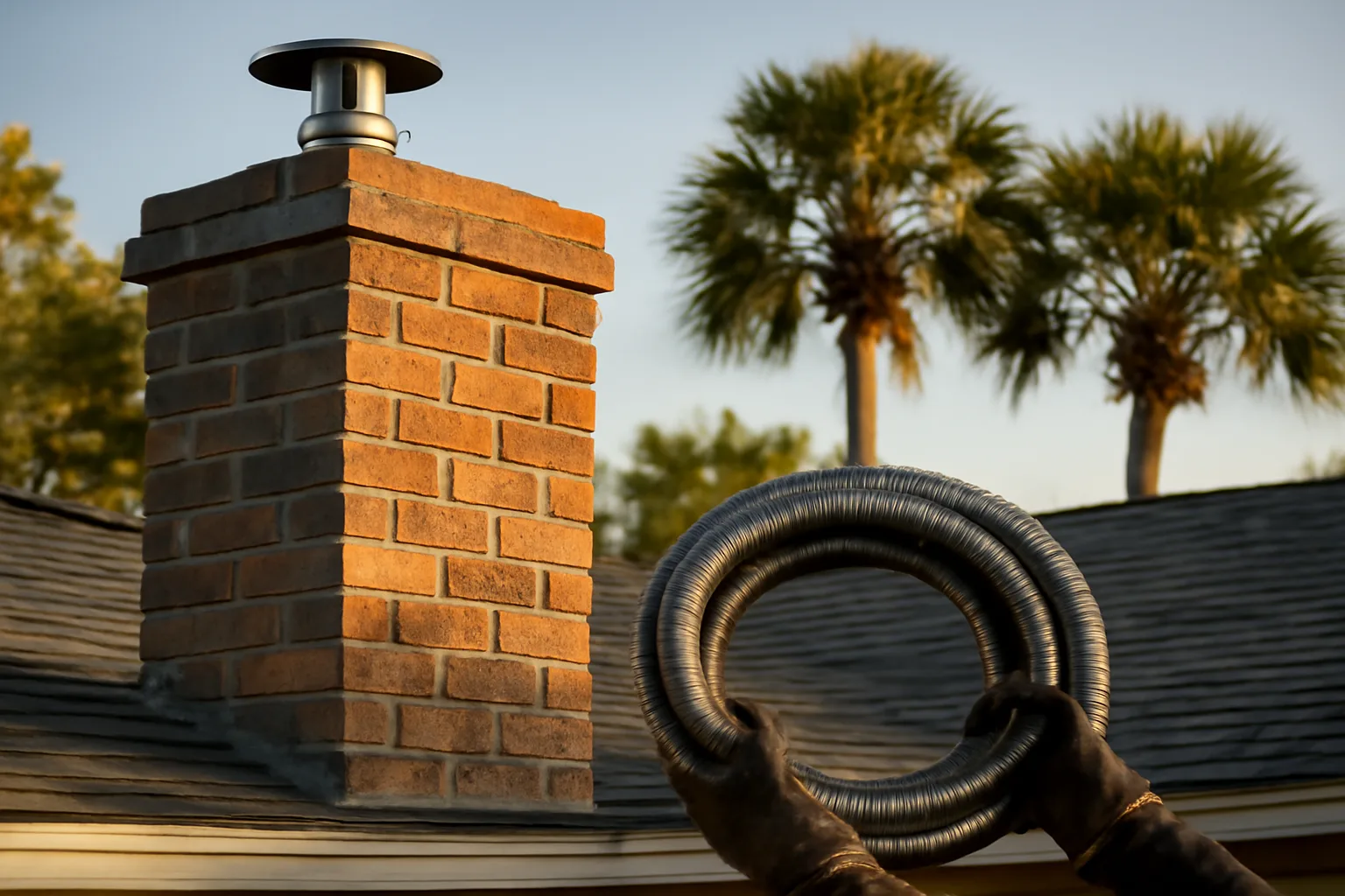 Flexible chimney liner at a brick chimney on a Florida ranch