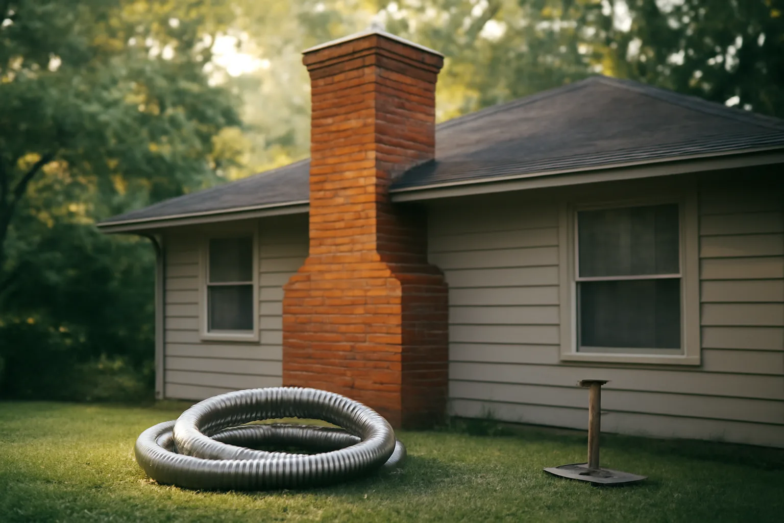 Brick bungalow chimney and stainless liner coil in Atlanta morning light