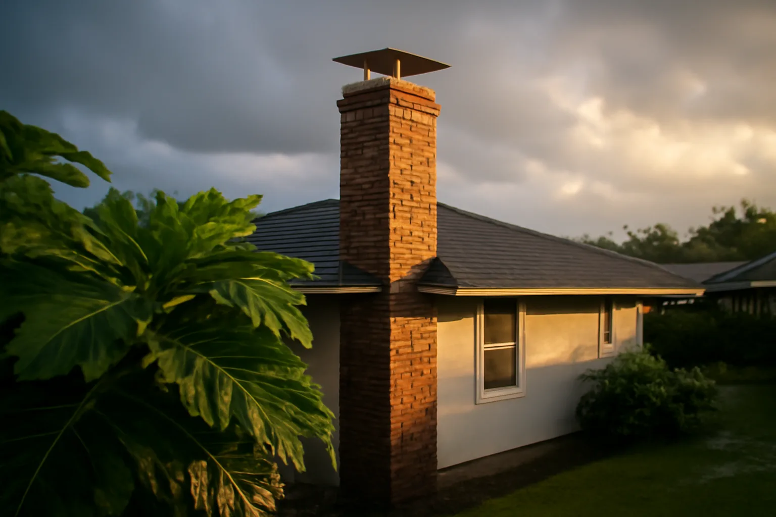 Masonry chimney and metal liner cap on a rainy Hilo house