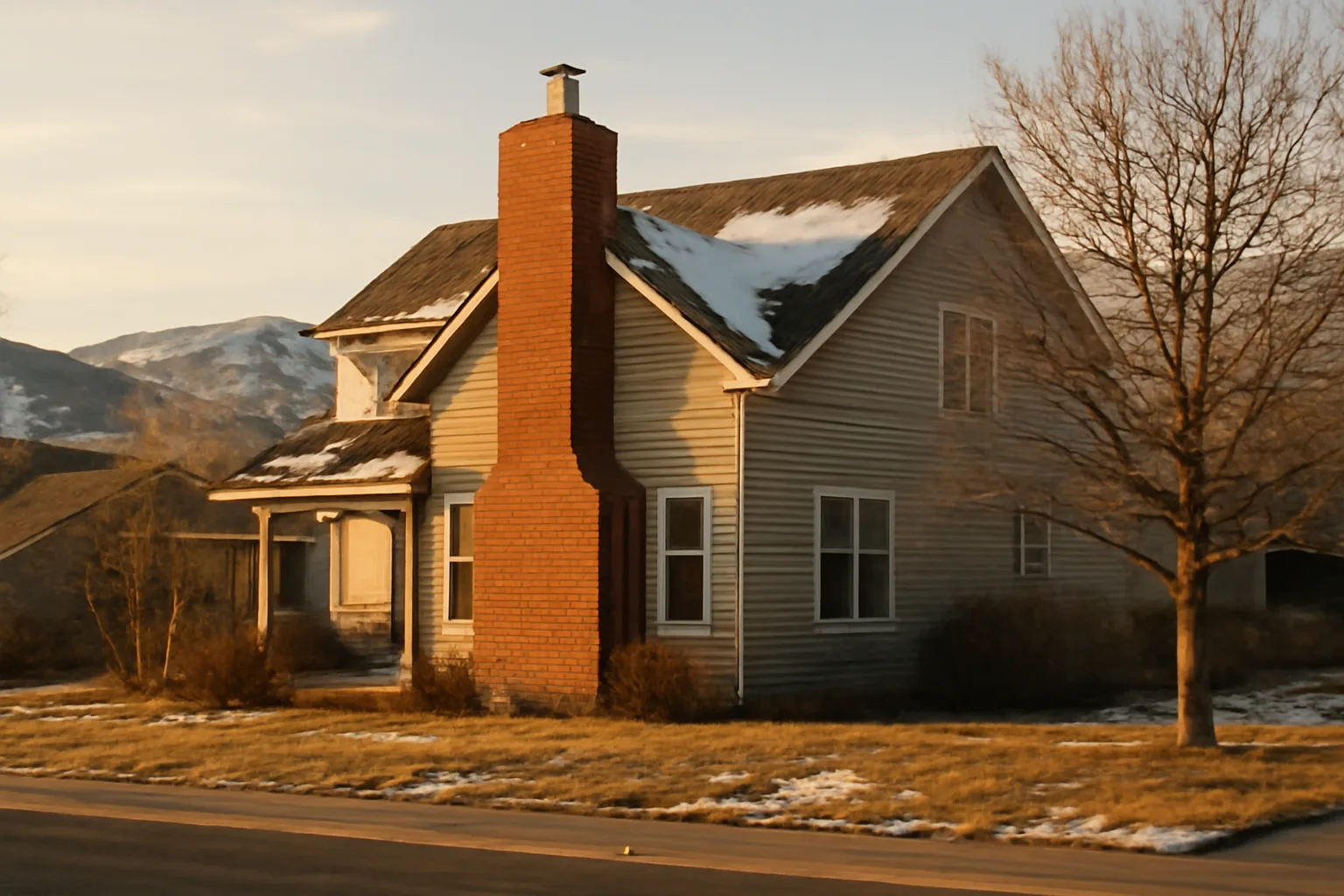 Brick chimney and metal cap on a snowy Boise foothills house