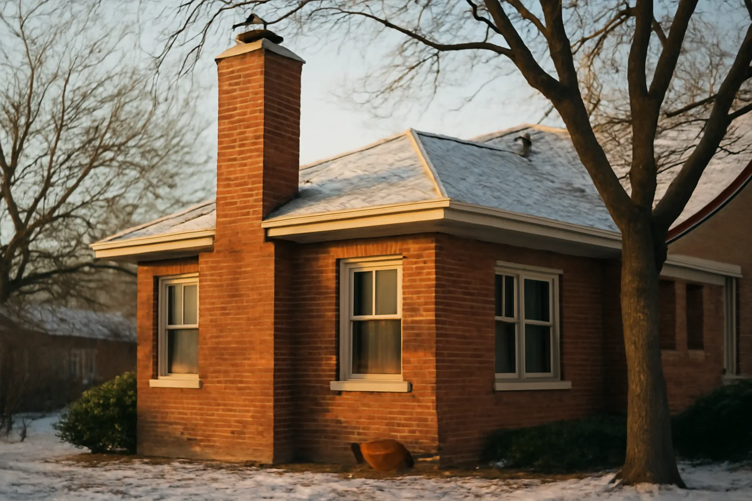 Brick chimney on a snowy Illinois bungalow in winter light