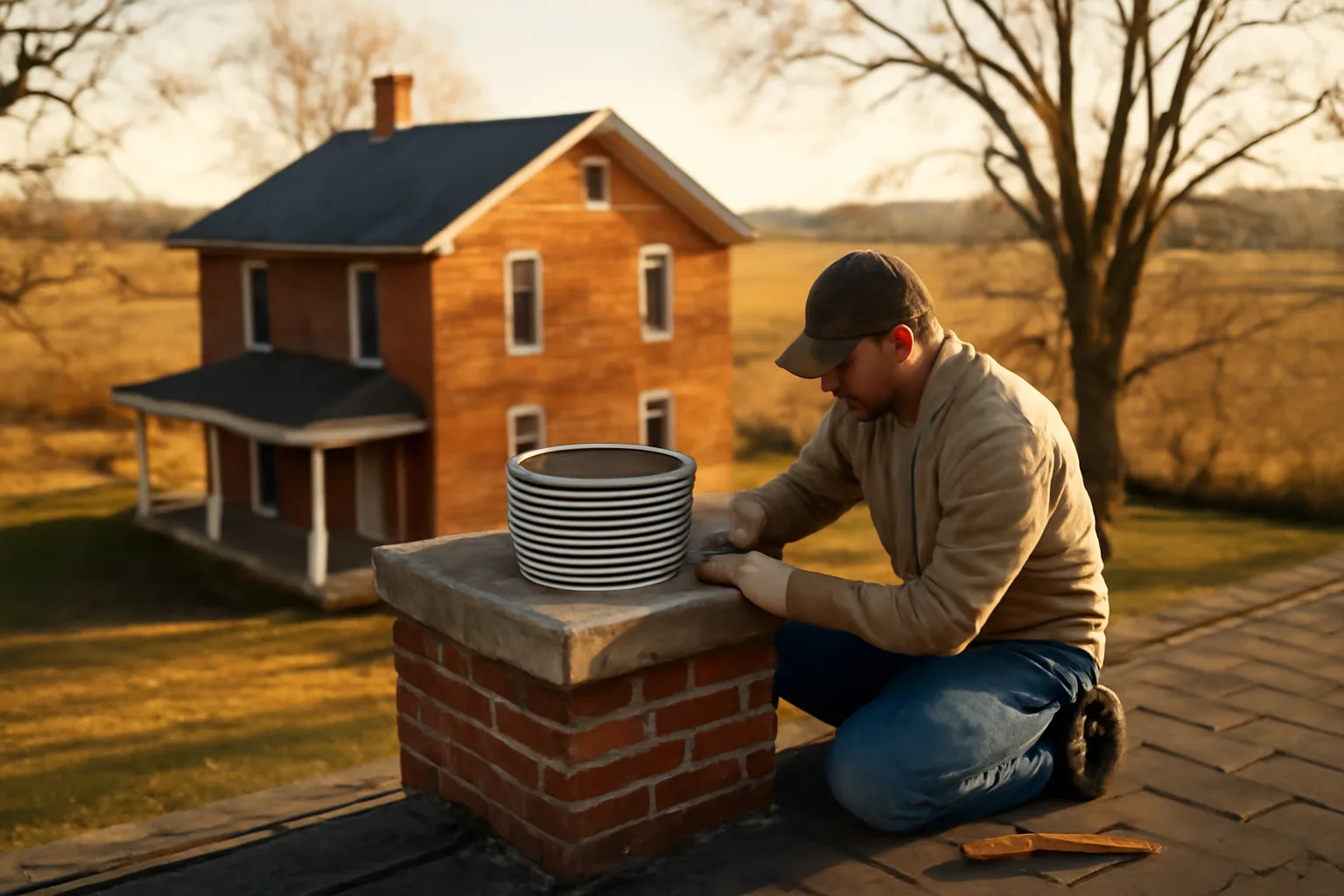 Worker fitting a chimney liner on a brick Indiana farmhouse roof