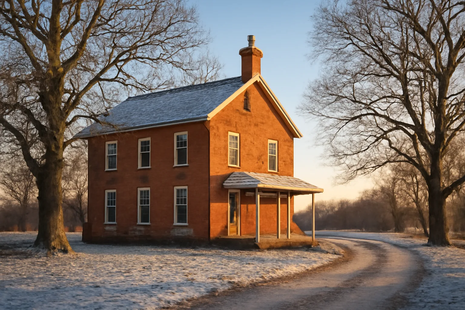 Tall brick chimney on an Iowa farmhouse in winter light