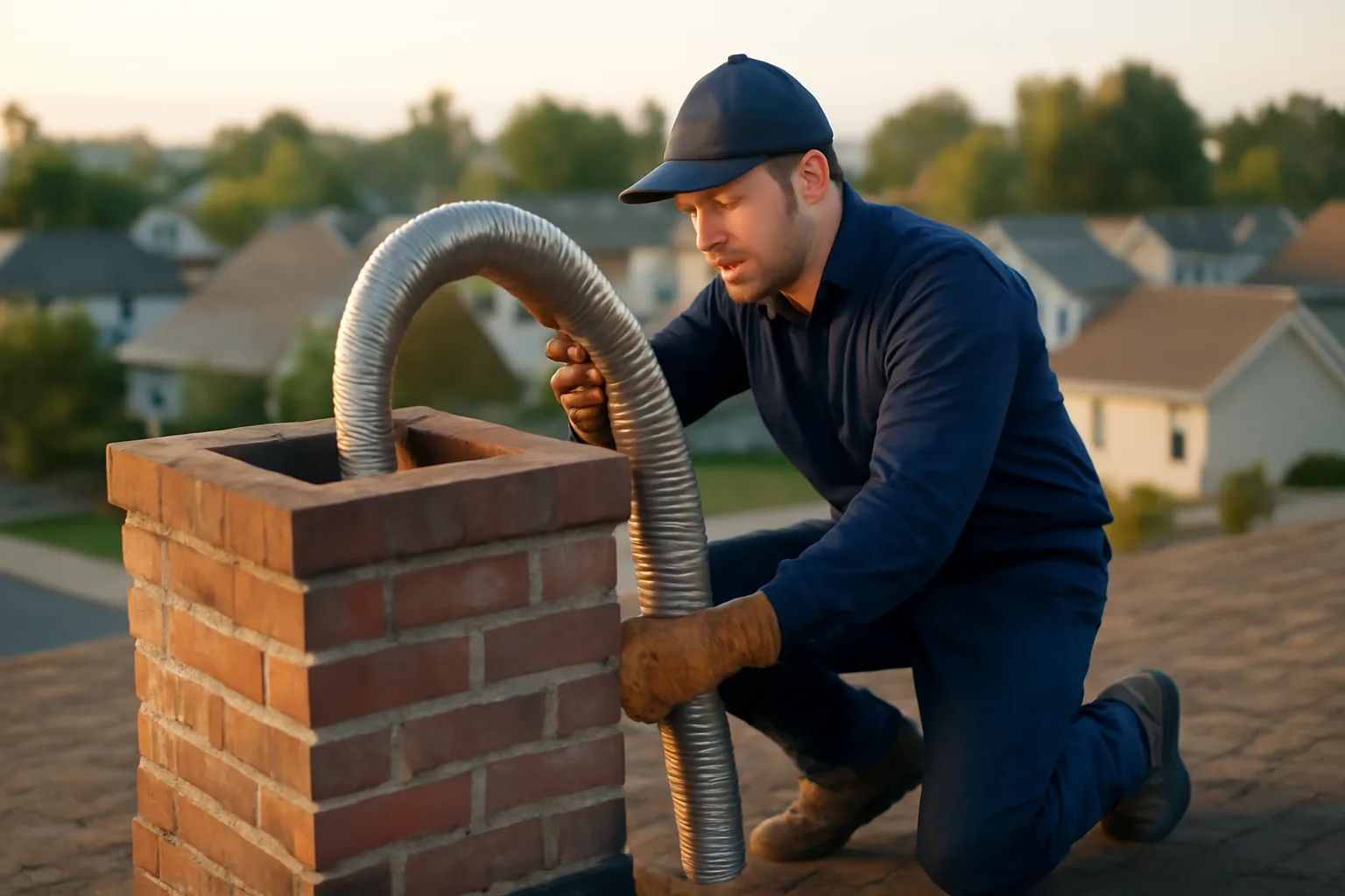 Chimney technician installing a flexible liner into a brick chimney on an Alabama rooftop