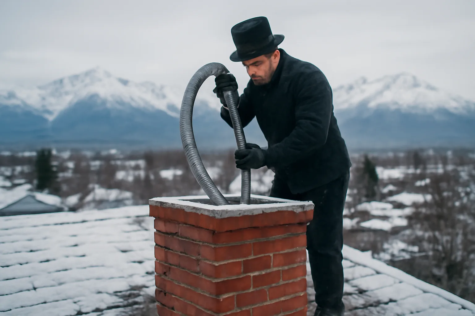 Chimney sweep installing a stainless steel liner on an Alaska rooftop in winter