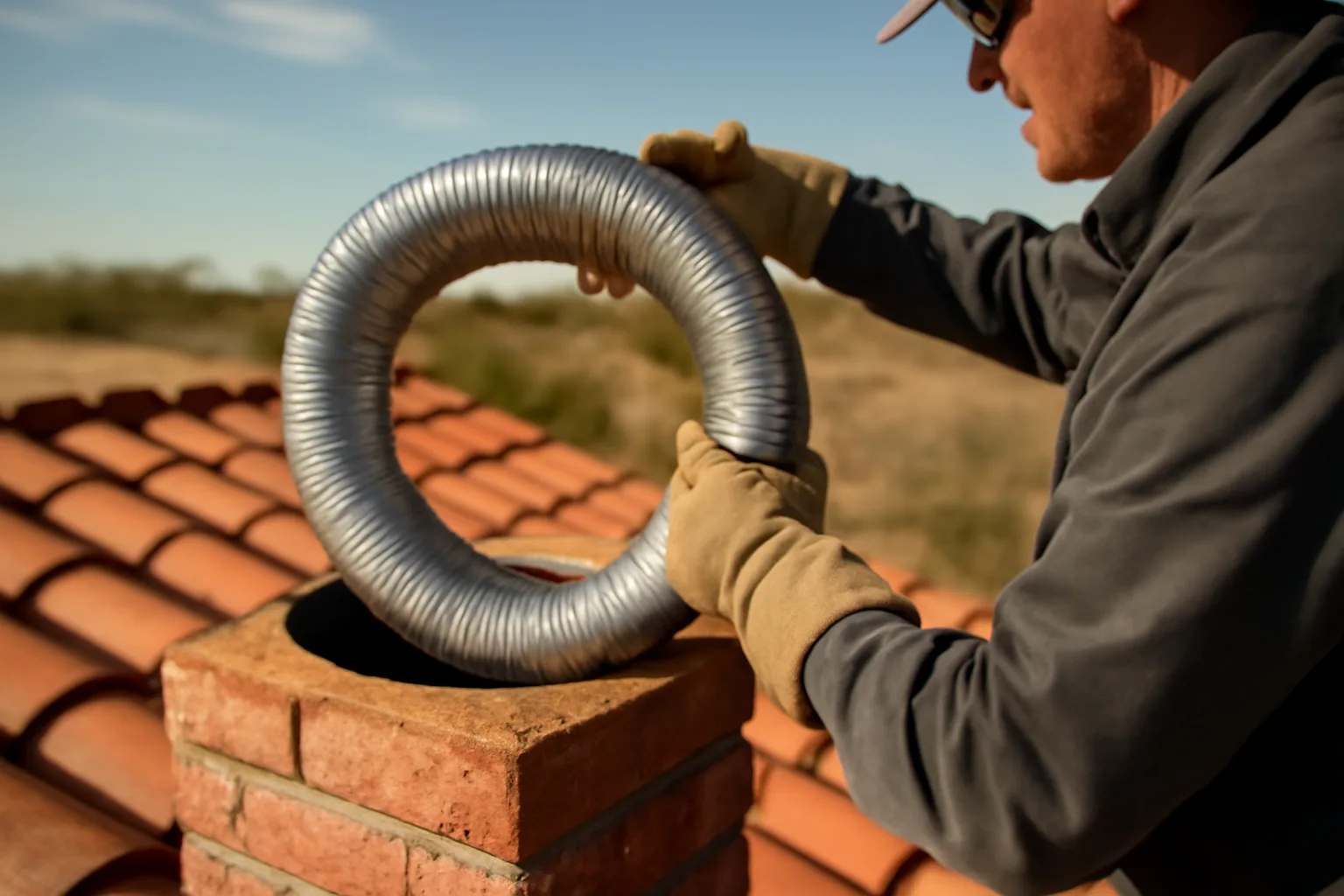 Contractor installing a stainless steel chimney liner on an Arizona residential rooftop