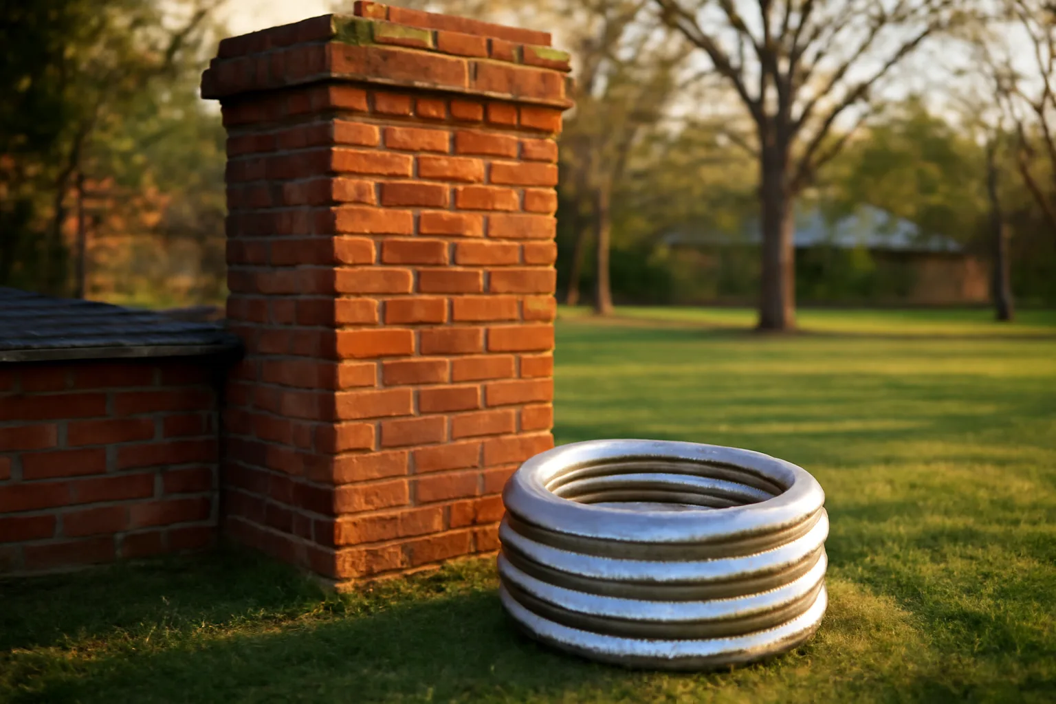 Stainless chimney liner coil beside a brick Arkansas farmhouse chimney