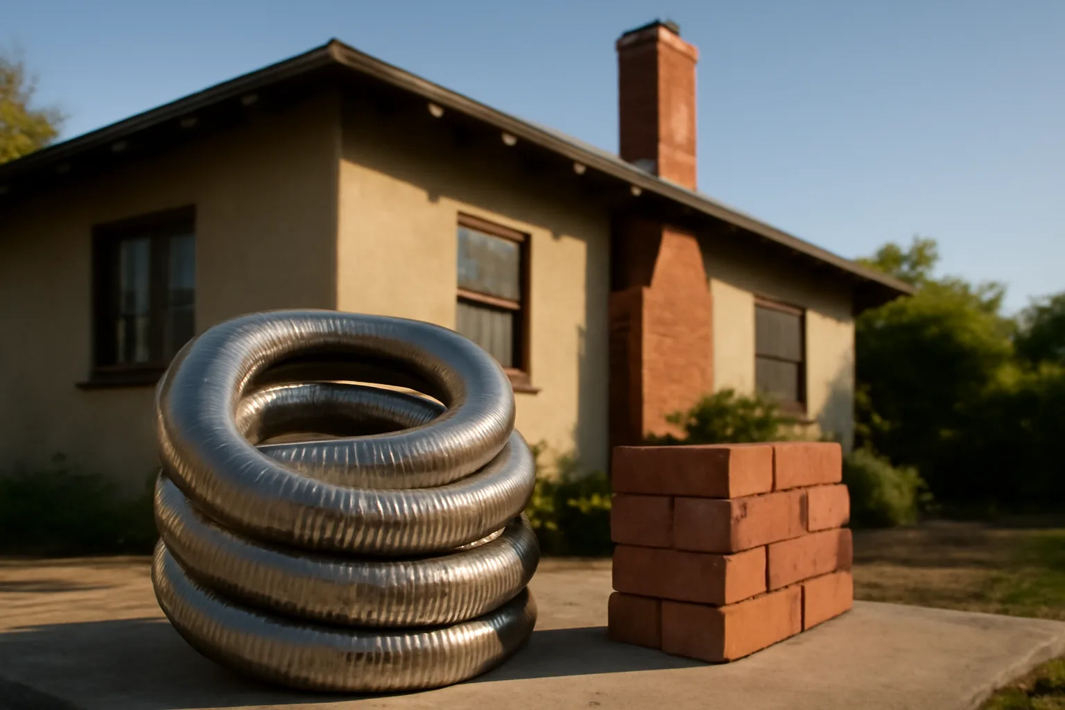 Stainless chimney liner coil beside firebrick behind a California bungalow