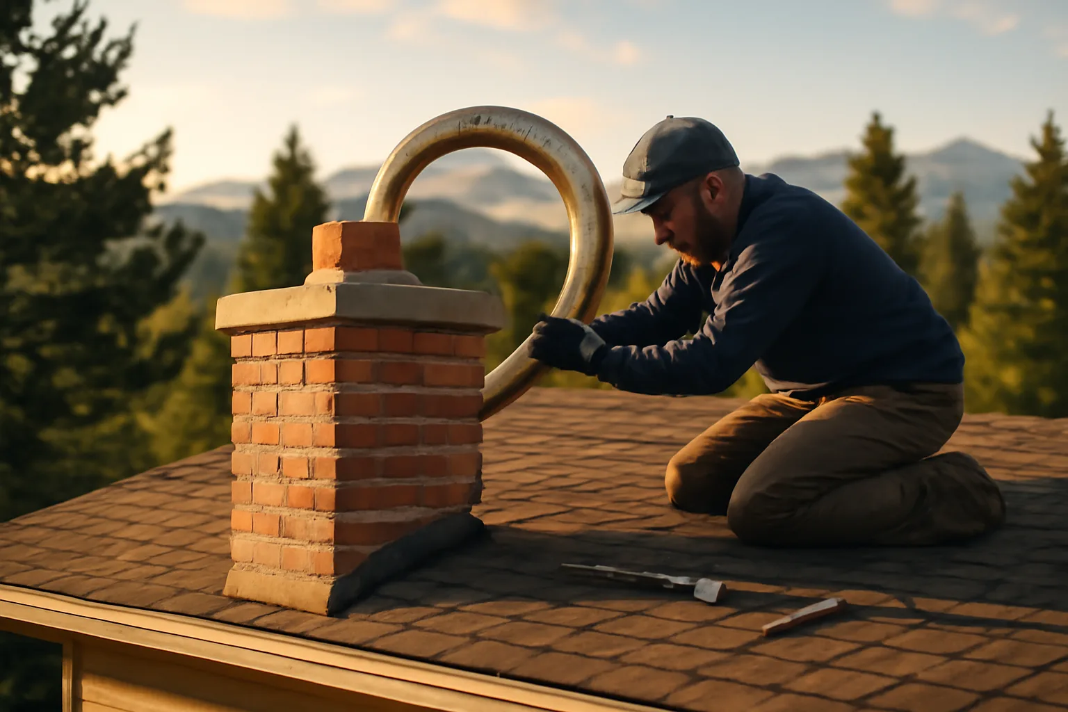 Worker fitting a stainless chimney liner on a Colorado brick roof