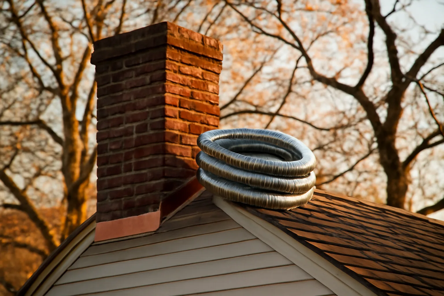 Coiled stainless chimney liner on a brick Connecticut house roof