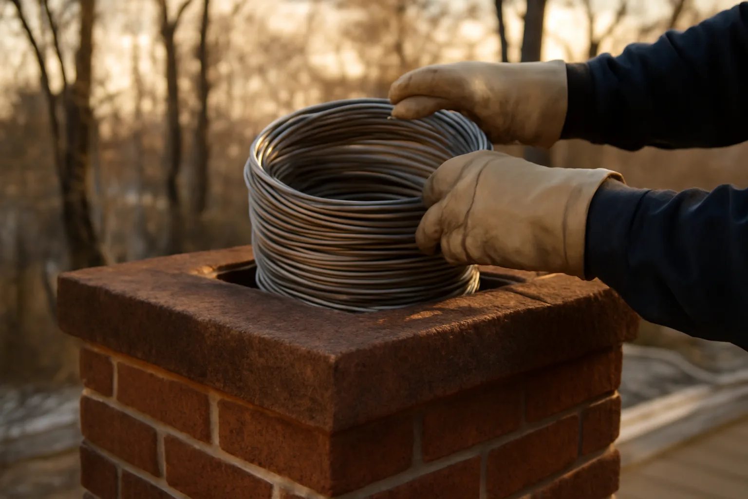 Gloved hands feed a stainless chimney liner into a brick flue