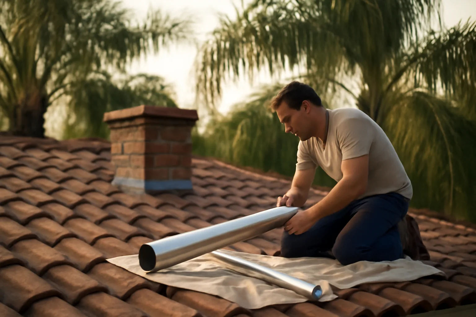 Worker kneeling by a brick chimney on a Florida ranch roof