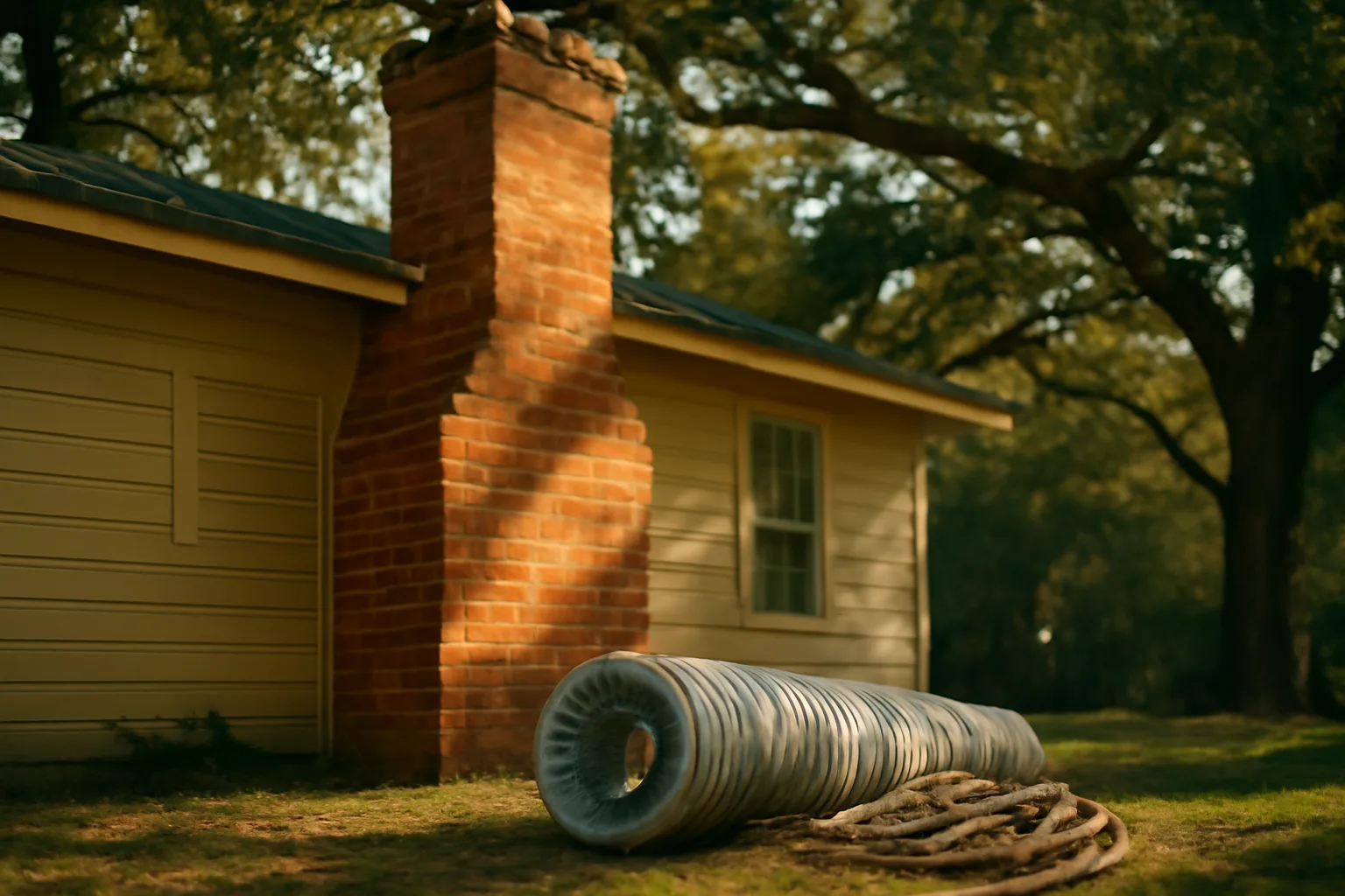 Brick chimney and stainless liner coil outside a Georgia house