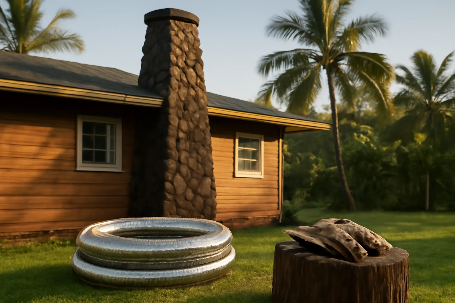 Lava rock chimney and stainless liner coil at a Hilo house