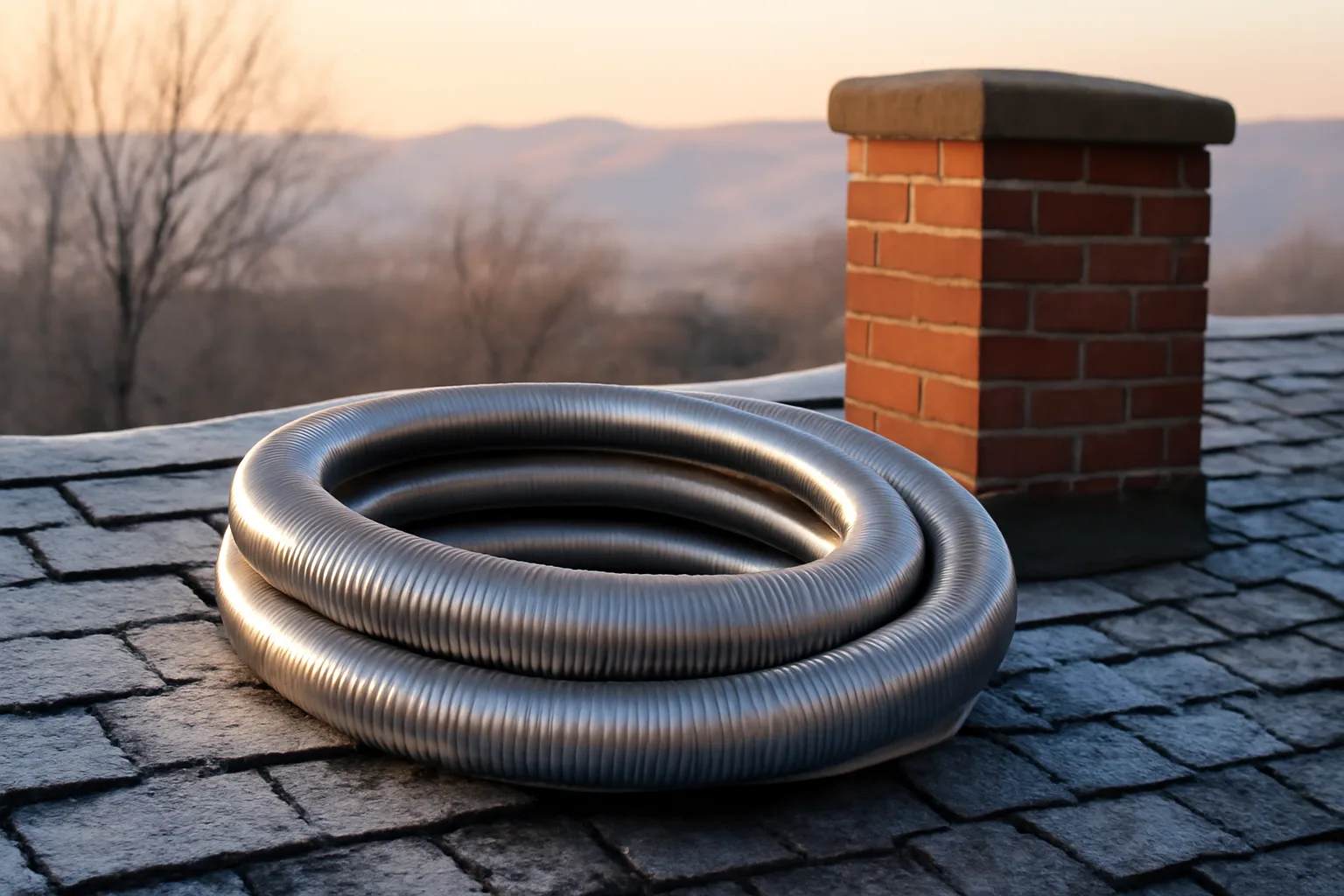 Stainless chimney liner coil beside a brick chimney on a snowy Idaho roof
