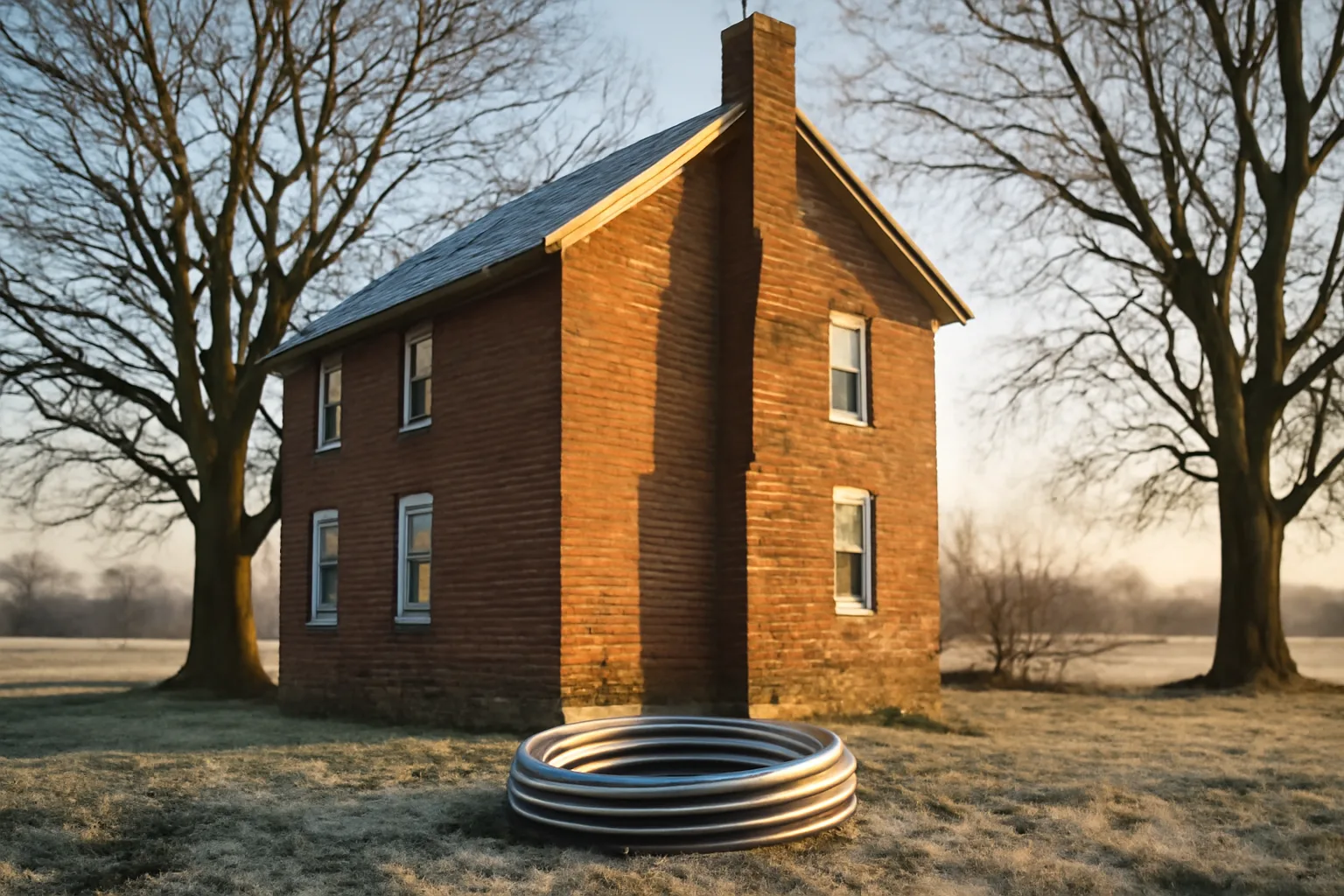 Stainless chimney liner coil beside a brick Illinois farmhouse chimney