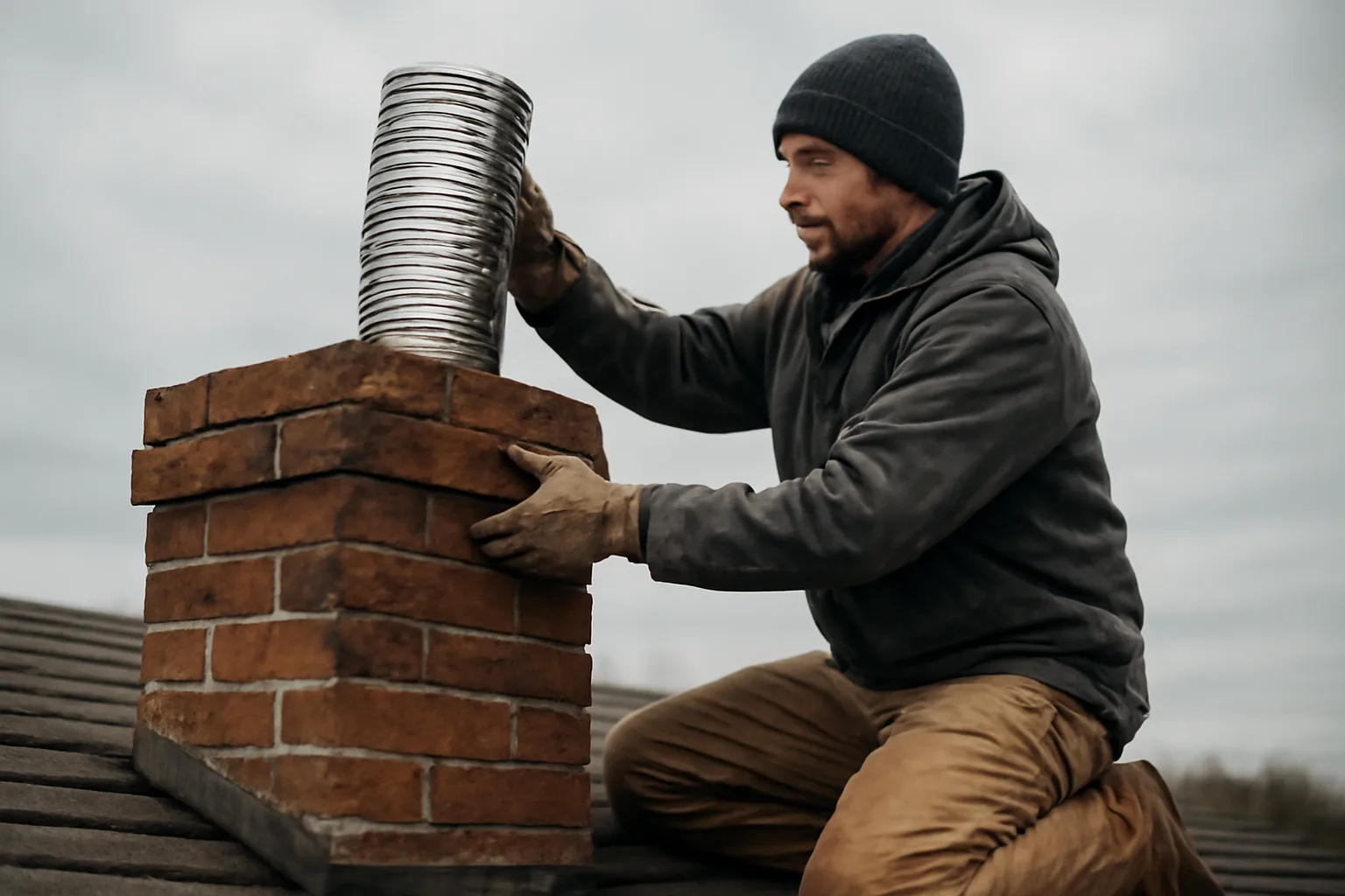 Mason kneeling beside an Indiana brick chimney with stainless liner coil