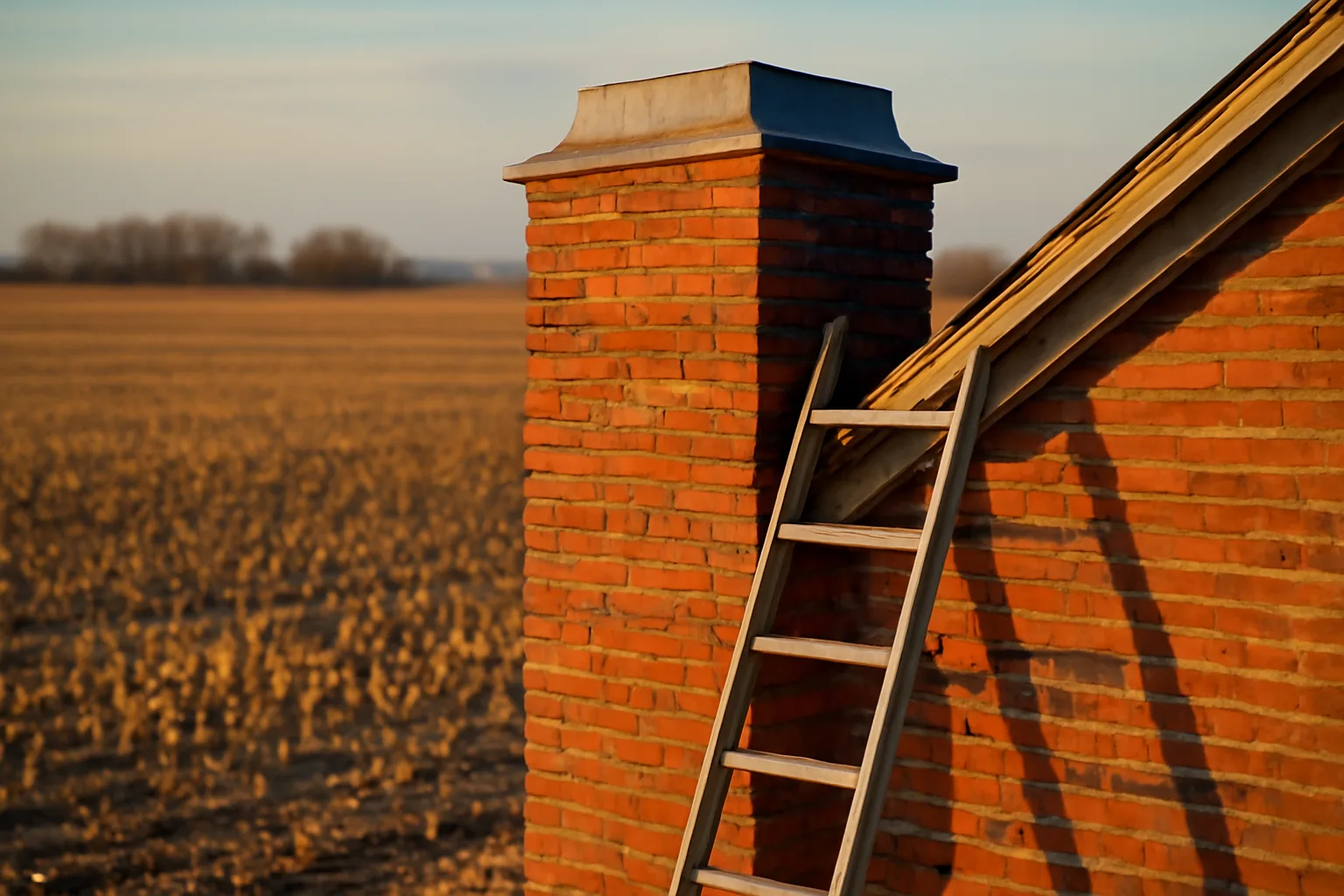 Red brick Iowa farmhouse chimney with steel chase cover at sunset