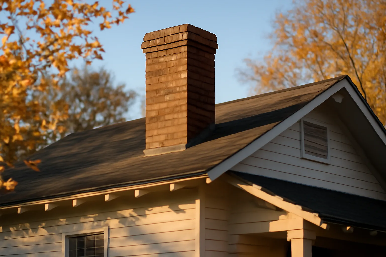 Brick chimney on an Alabama craftsman home in morning light, chimney liner renewal