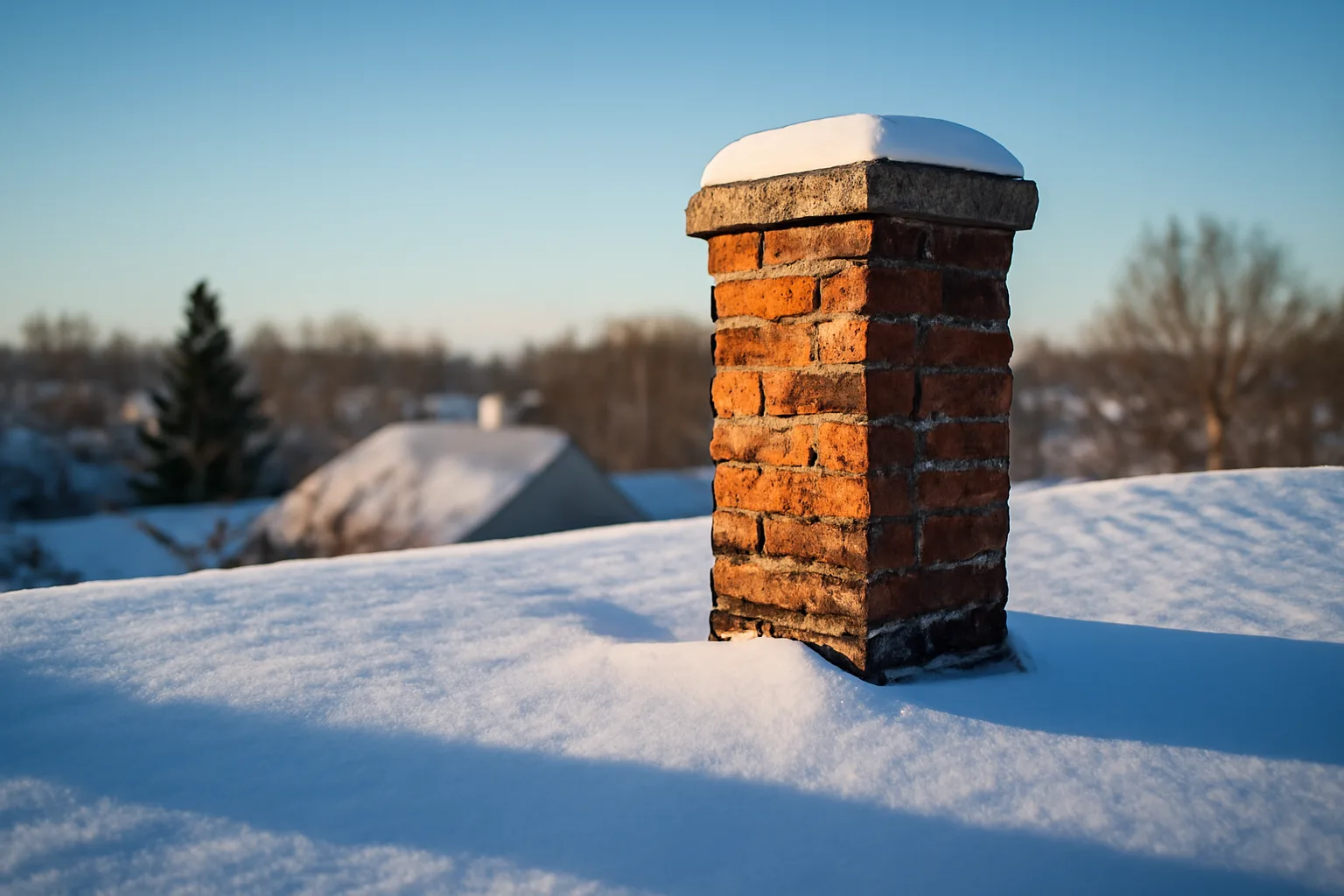 Snow-covered Alaska home rooftop with brick chimney in winter afternoon light