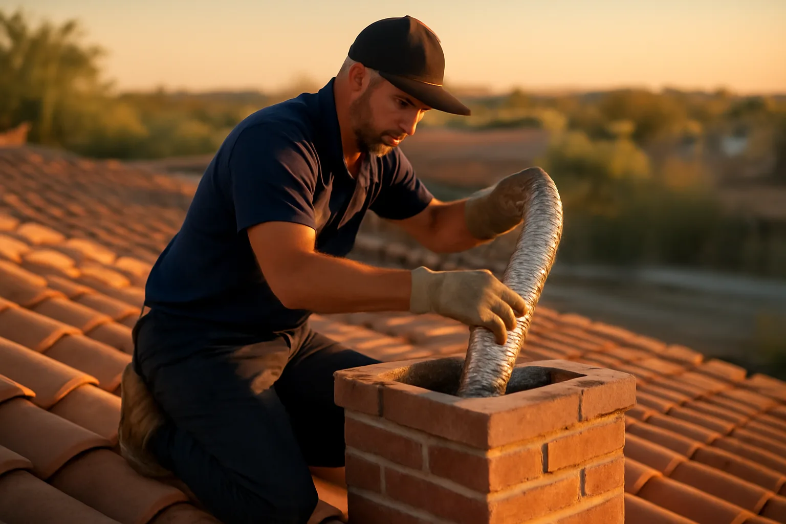 Chimney technician installing stainless steel liner into brick chimney on Arizona rooftop