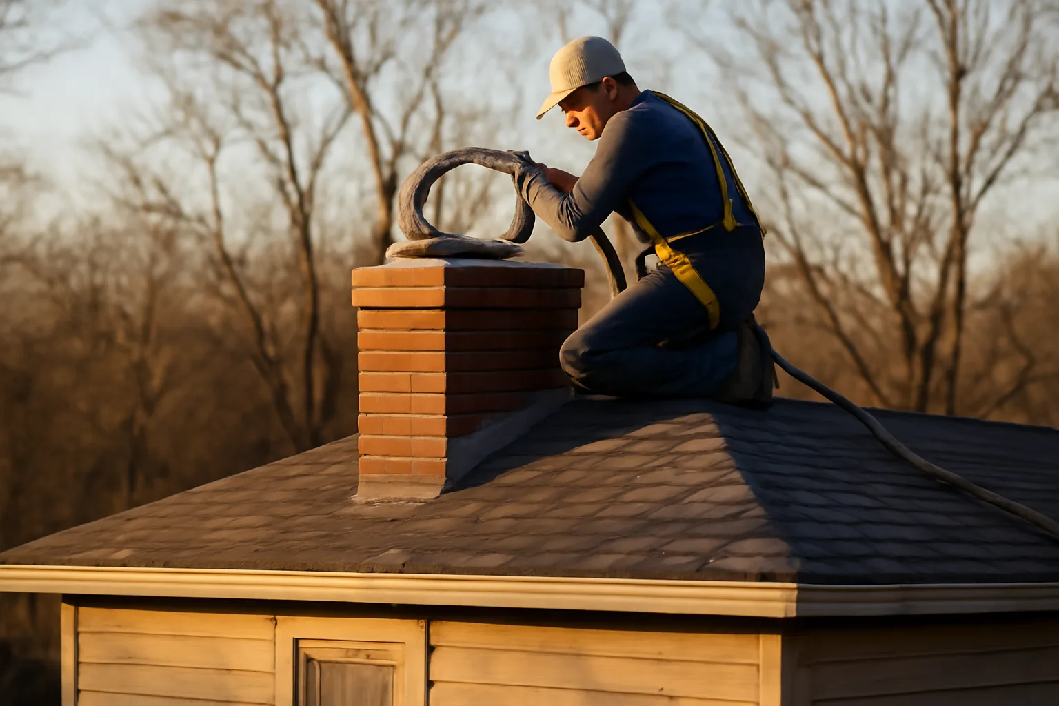 Worker kneeling on an Arkansas roof installing a chimney liner
