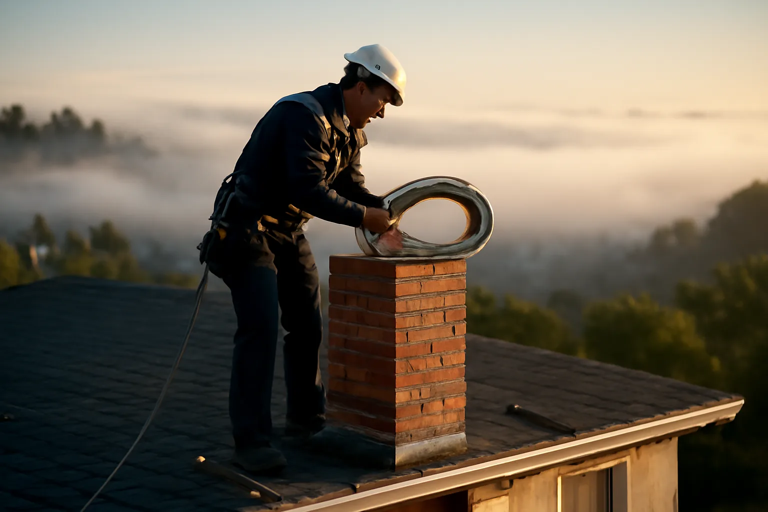 Worker installs a stainless chimney liner on a California bungalow roof