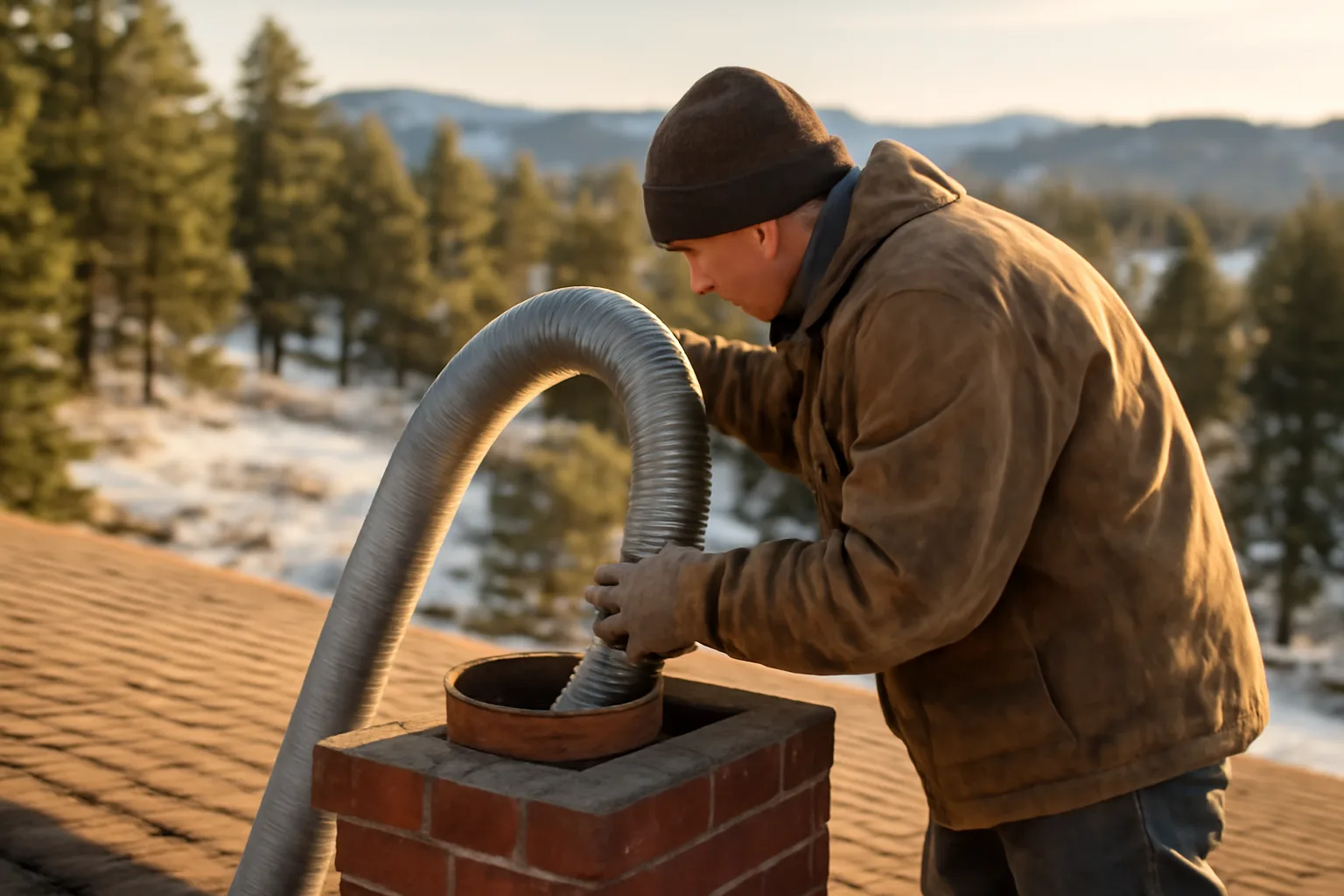 Stainless chimney liner being fed into a brick chimney in Colorado