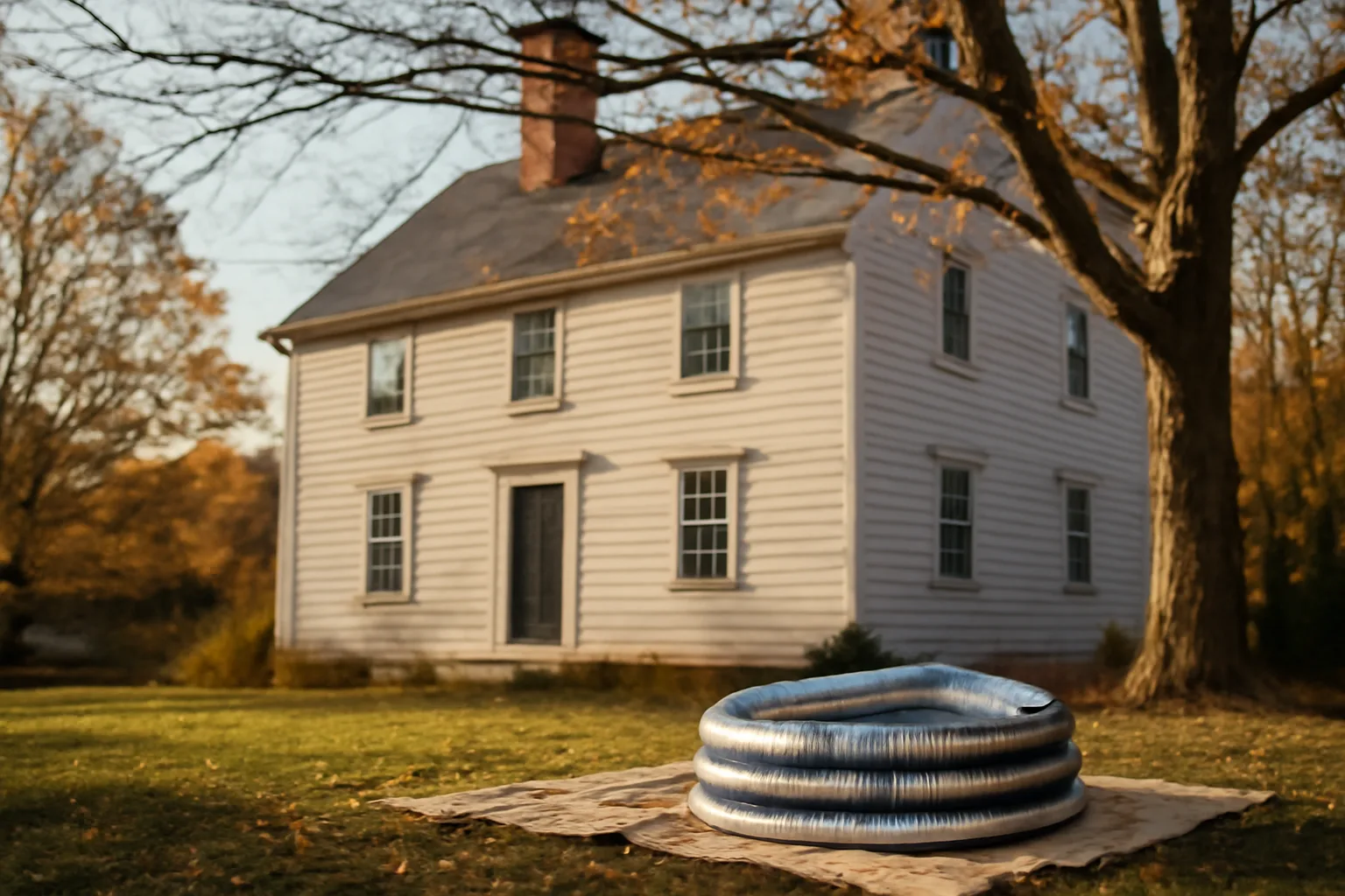 Brick Connecticut chimney with stainless liner coil on the lawn