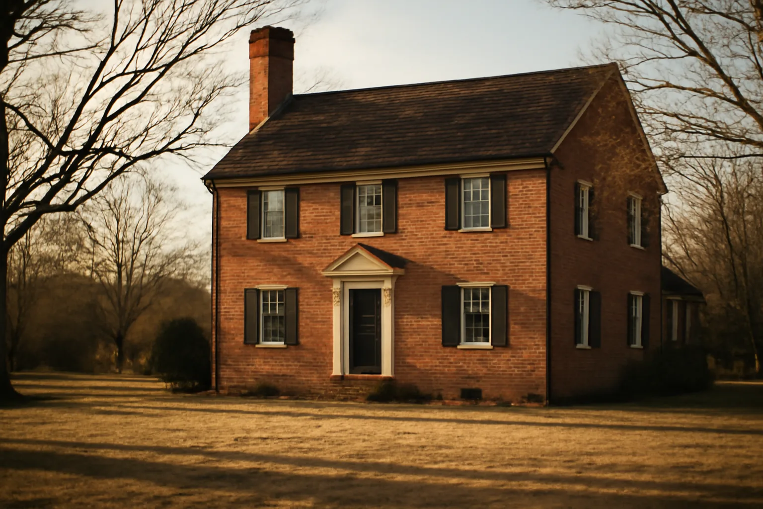 Wet brick chimney on a snowy colonial house in Delaware winter