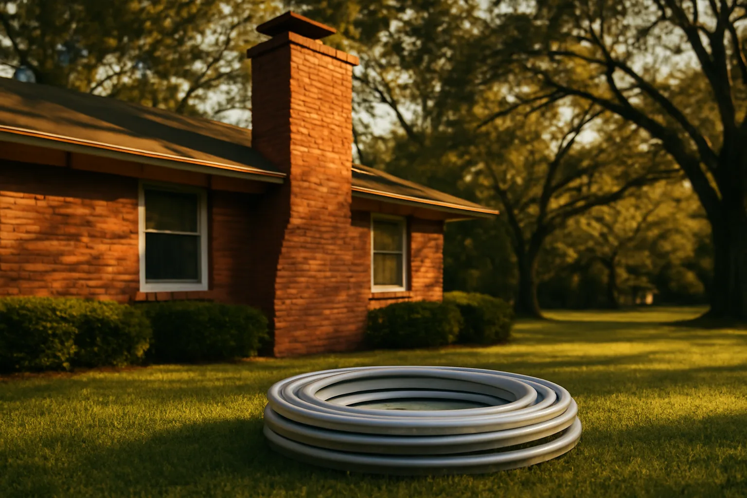 Stainless liner coil on grass beside a brick Georgia chimney