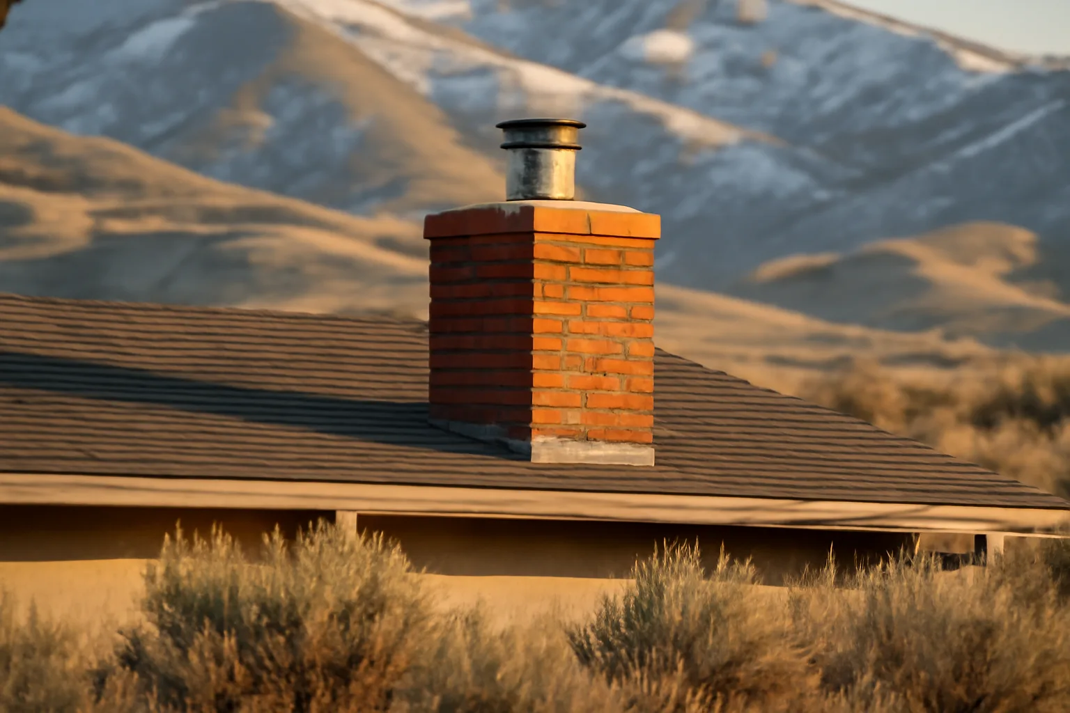 Brick chimney with metal liner cap on an Idaho ranch house