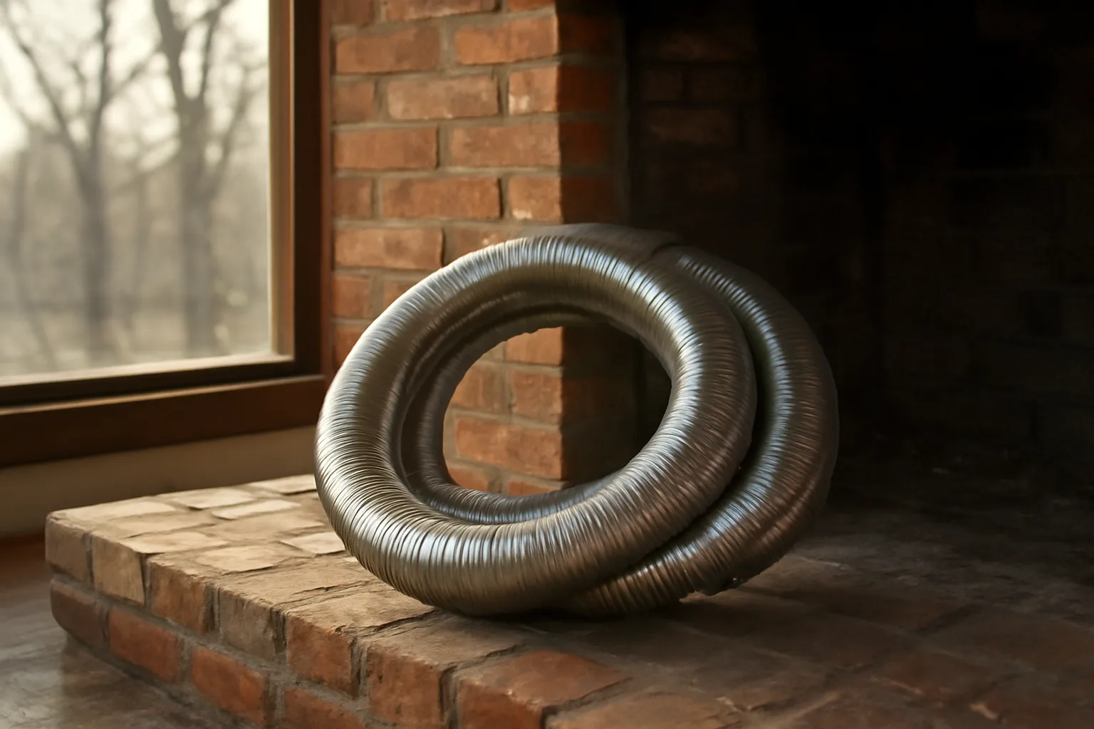 Stainless chimney liner coil on a brick Illinois hearth