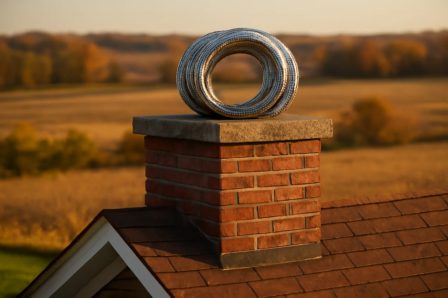Stainless liner coil on a brick Indiana chimney at dusk
