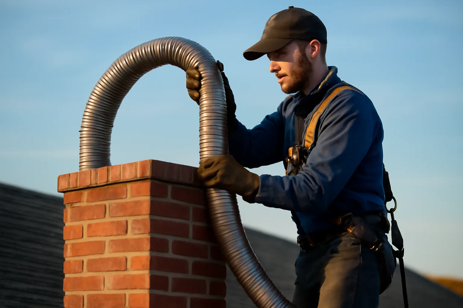 Chimney contractor feeding stainless liner into brick chimney on Alabama residential rooftop