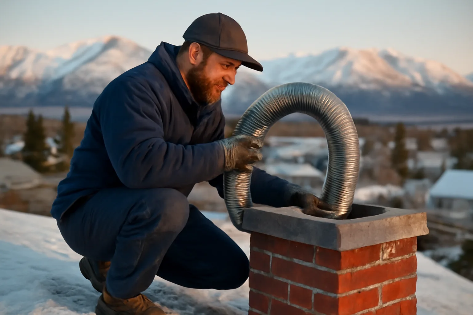 Chimney worker lowering a flexible liner into an Anchorage home chimney in winter