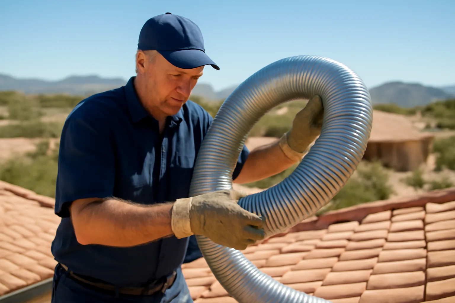 Technician uncoiling stainless chimney liner on an Arizona residential rooftop