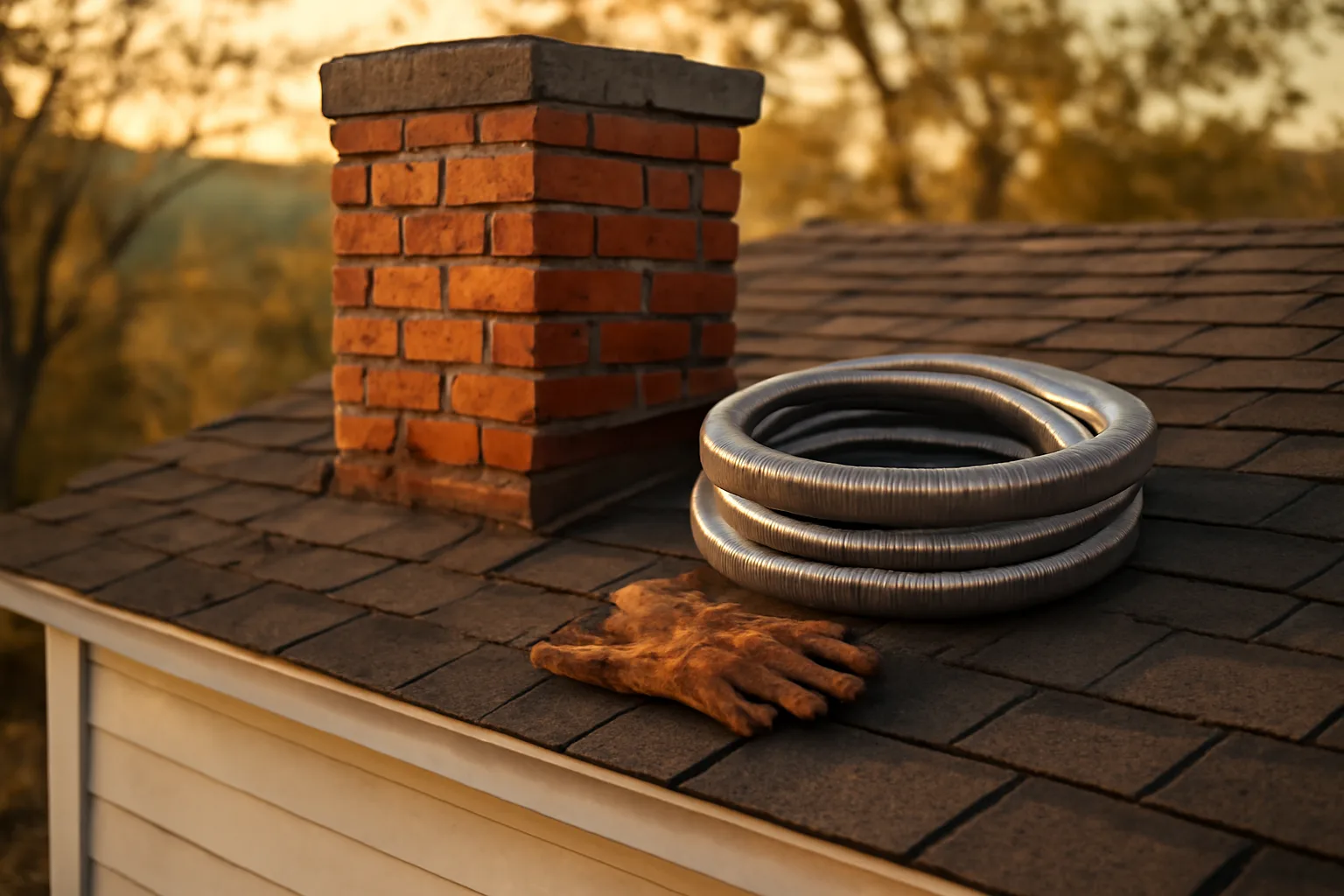 Brick chimney and stainless liner coil on an Arkansas roof
