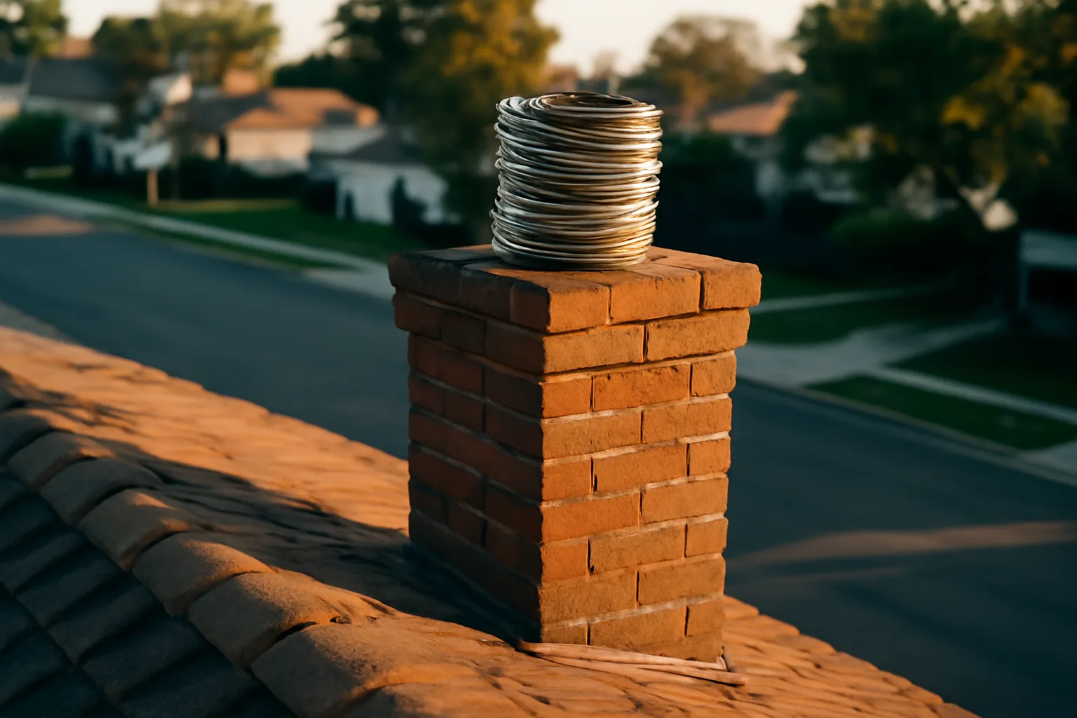 Stainless chimney liner coil beside a brick California chimney