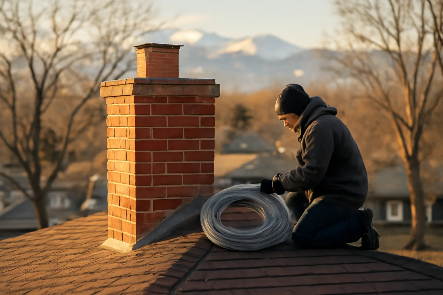Worker kneeling beside a stainless chimney liner on a Denver brick roof