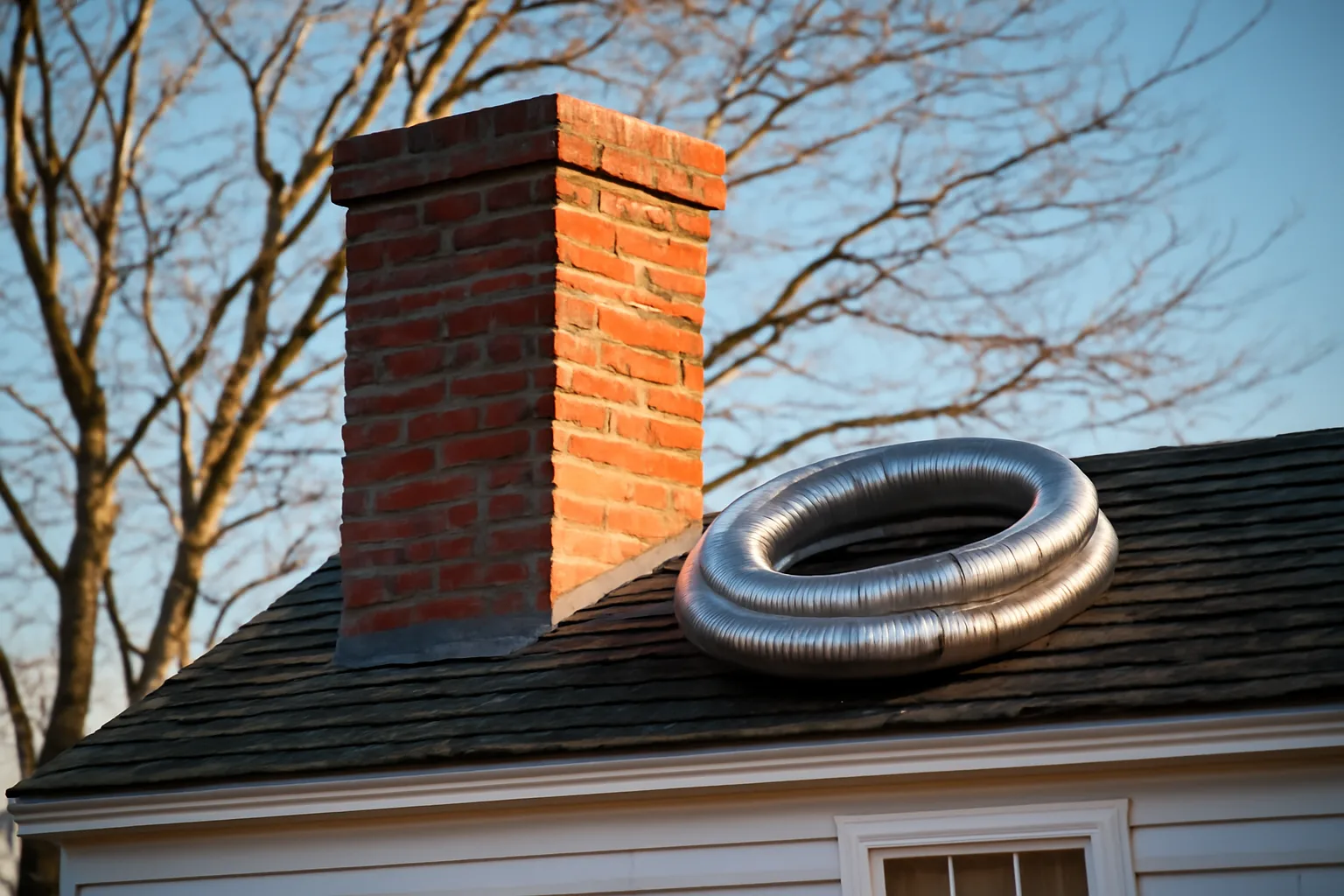 Stainless chimney liner coil on a brick Connecticut colonial roof