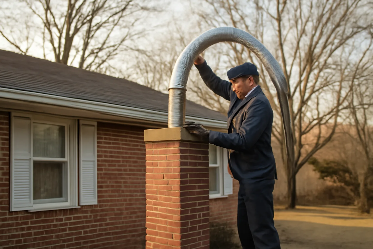 Worker feeding a stainless chimney liner into a brick chimney